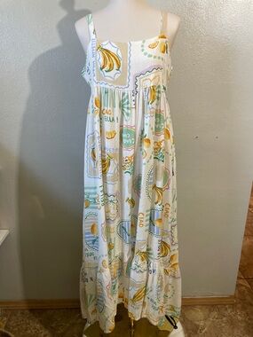 Paper Heart Linen Blend Fruit Print Maxi Dress L Smocked Strap Summer Resort